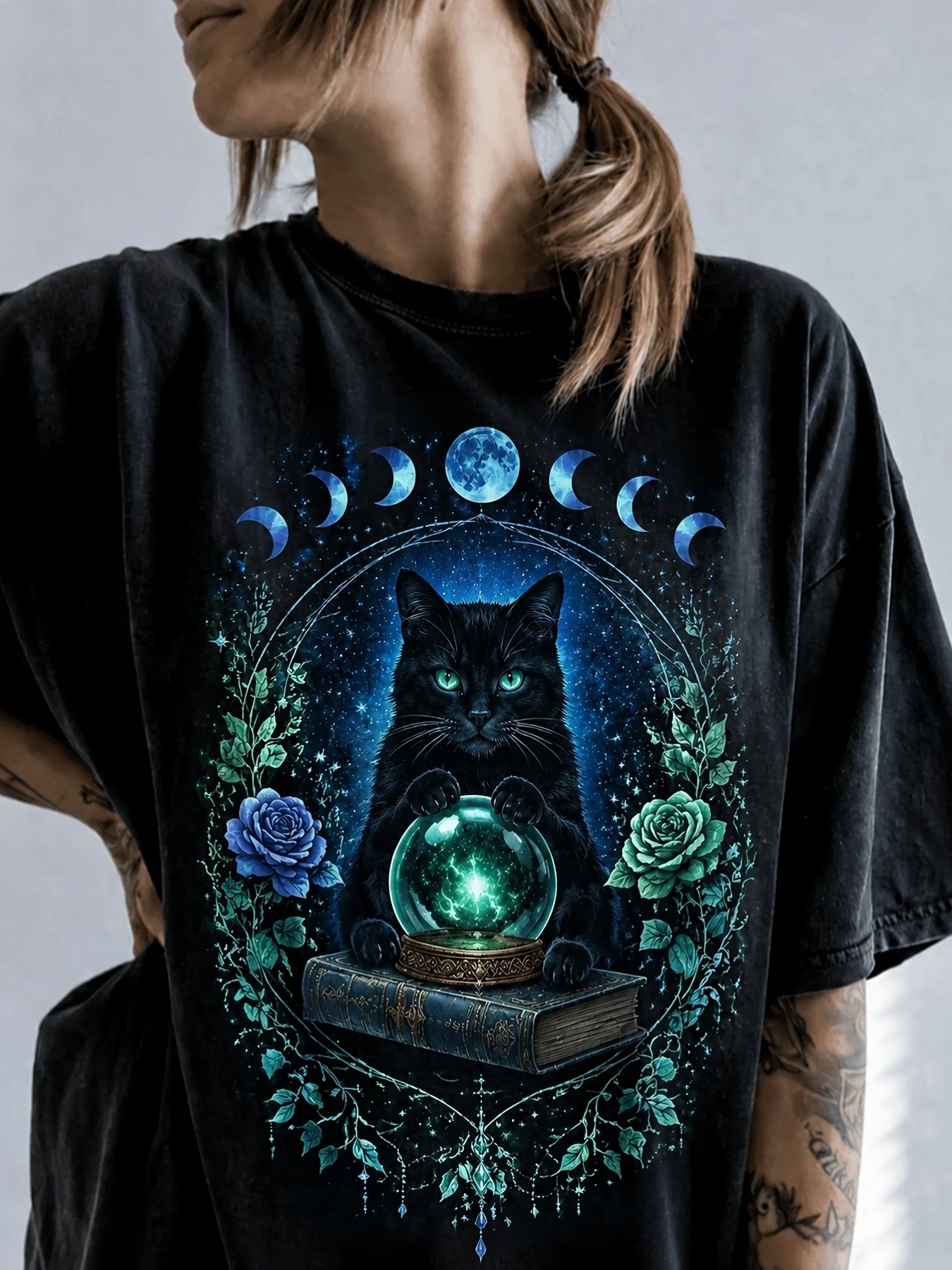 Mystic Black Cat with Moon Round Neck Short Sleeve T-Shirt Loose Fit Soft Feel All-Season Wear Machine Washable Local