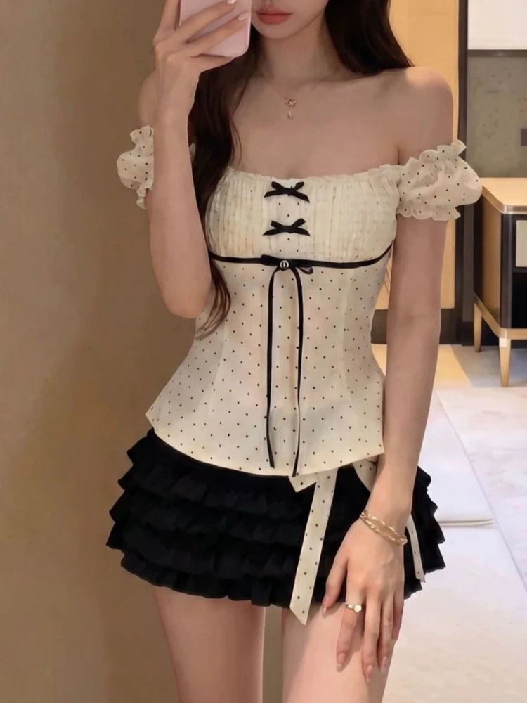 French Sweet Sexy Elegant 2 Piece Set Women Chic Polka Dot Slash Neck Tops + Mini Skirts Japanese Causal Vintage Lovely Outfits image 2