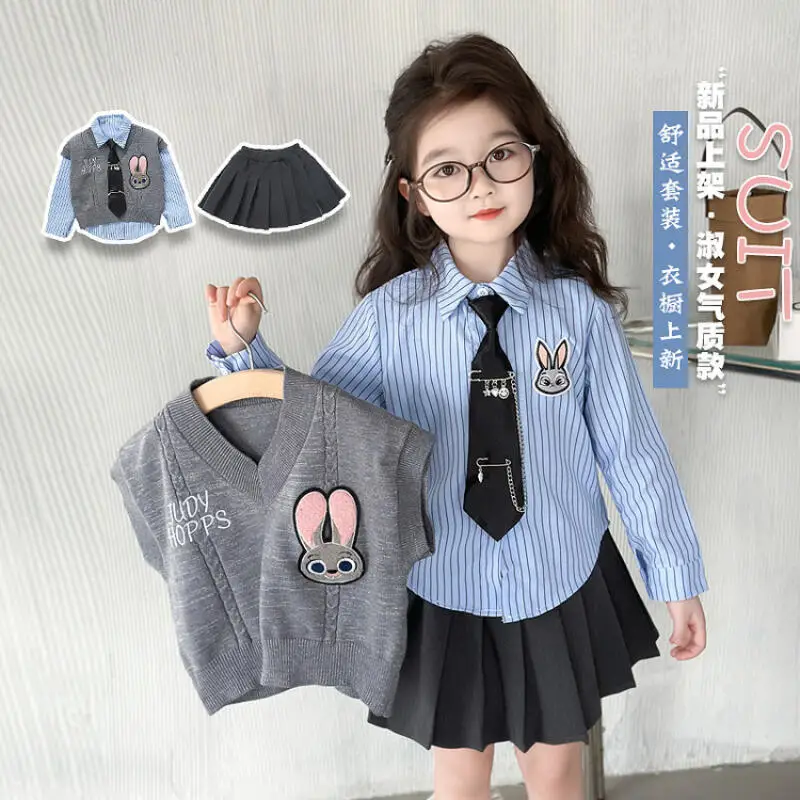 3 uds dibujos animados Judy Hopps niñas Chaleco tejido suéter camisa Jk falda conjunto lindo conejito de Disney policía primavera dulce niños Jk uniforme conjunto