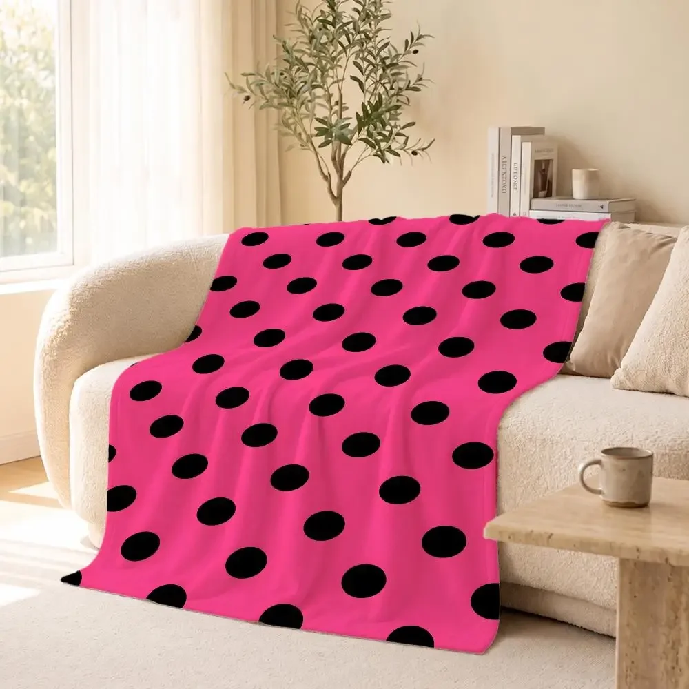 minimal Black Pink Polka Dot Minimal Throw Flannel Throw Blanket for Travel & Office, Warm Outdoor Custom Bedspread, Ideal Gift