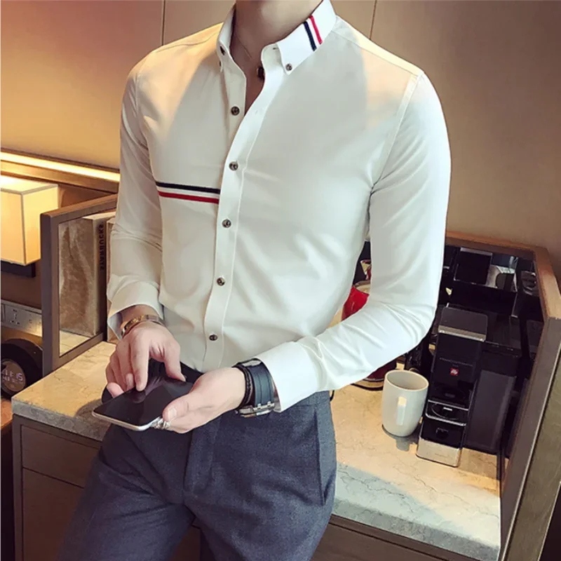 Plus Size 5XL-M New Business Formal Shirts Men Dress Streetwear Slim Men Shirt Casual Long Sleeve Tuxedo Shirt Brand Clothing