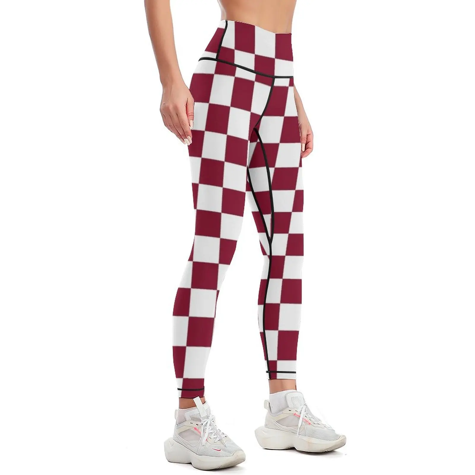 White and Burgundy Red Checkerboard Leggings legings for fitness sport set Sports pants for sports for push up Womens Leggings