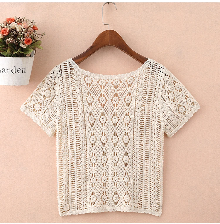 French Chic Crochet Knit Top Summer Cover Up Openwork Short Sleeve Button Front Cardigan Tops Women Vacation Outfit