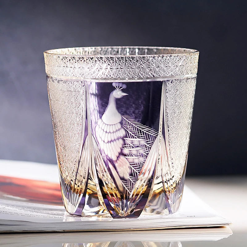 

New Arrival Lead Free Purple Color Krystal Glass Handmade Peacock Edo Kiriko Glass Whisky Drinking Glass Cup with Box 11oz