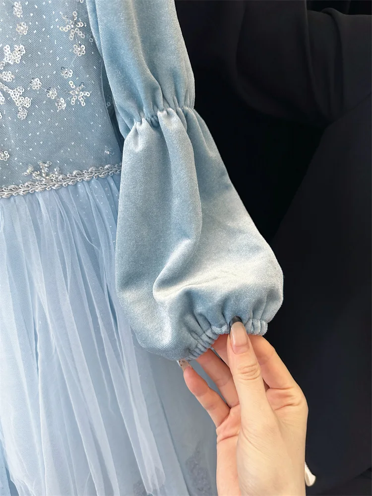 Mädchen Herbst Winter Mesh-Schleifen-Prinzessinnenkleid Kinder Schüler Paillettenkleid, Baby Warmes Puffkleid Kinder Lässiges Urlaubs-Party-Outfit – Detail 8