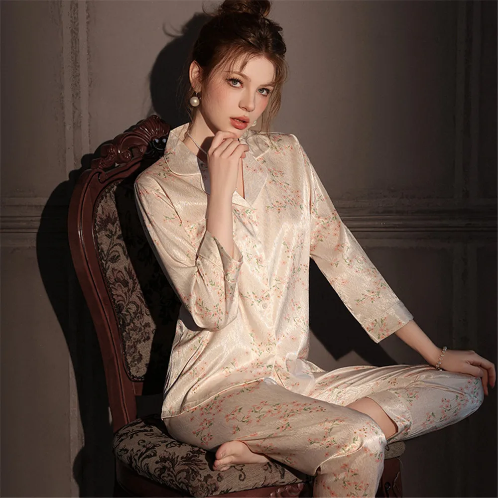 

Summer Female 2Pcs Pajamas Set Sleepwear Print Long Sleeve Shirt Trouser Suits Loose Silk Satin Homewear Loungewear