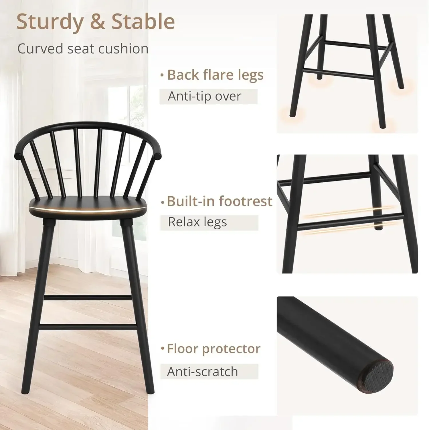 Wood Bar Stools with Semicircular Backrest, Black  , Modern Counter Height Bar Stools for Kitchen Island Pub, 26 Inch