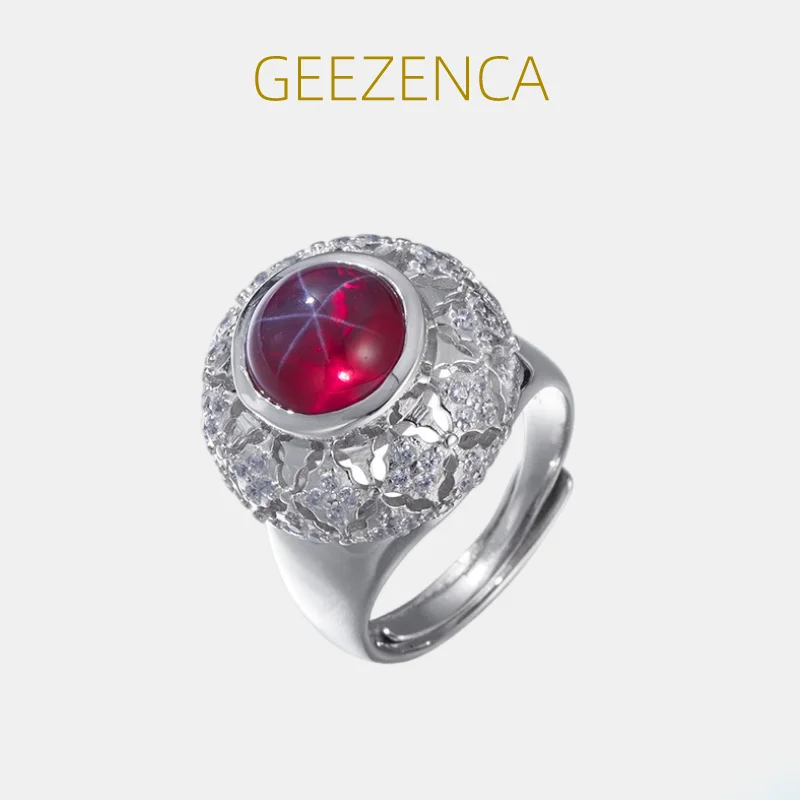 

GEEZENCA 925 Sterling Silver Red Corundum Open Ring For Women 5A Zircons Pave Setting Big Round Wide Rings 2023 New Luxury Gift