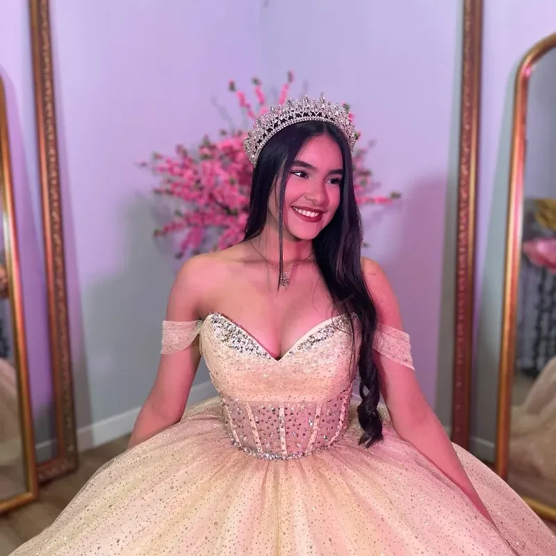 Angelsbridep แชมเปญ Quinceanera Ball Gown Vintage Off ไหล่ Vestidos De 15 Anos วันเกิด Princess Party ที่กําหนดเอง