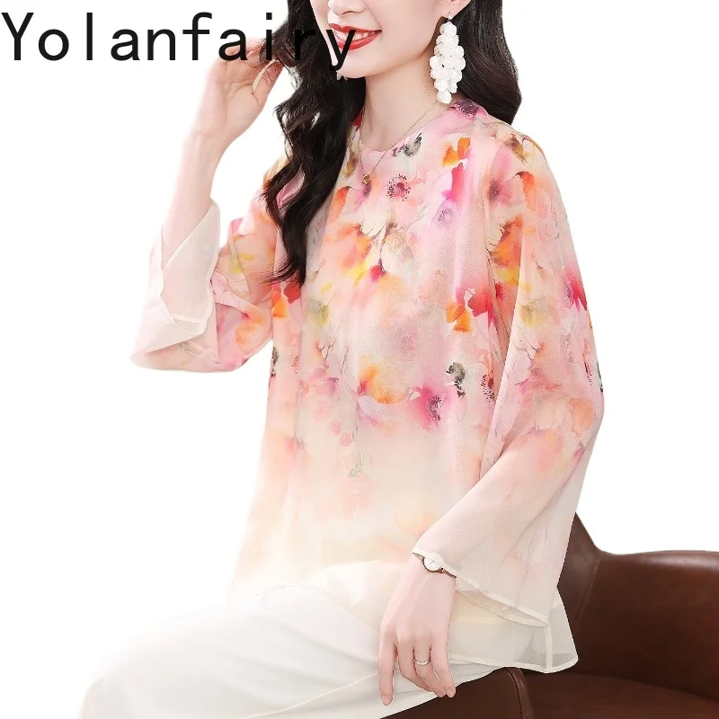 

Роскошные рубашки YOLANFAIRY из 100% натурального шелка тутового шелкопряда для женщин, весенне-летние модные блузки с цветочным принтом, элегантные женские топы, футболки