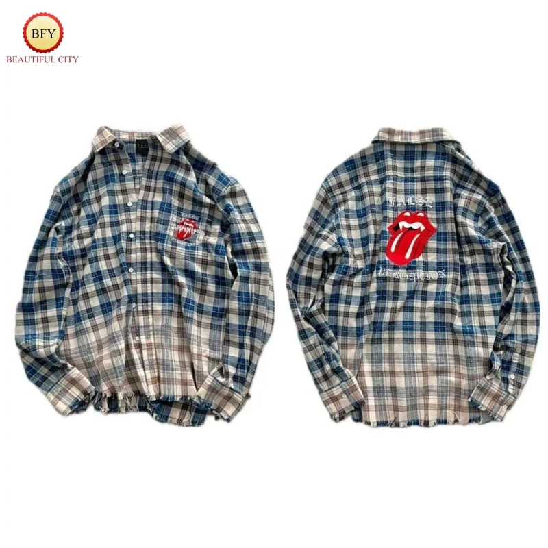 

Streetwear 25FW False Perception Blue Faded Wash-treated Checkered Distressed Shirt Men's & Women's Premium Shirt