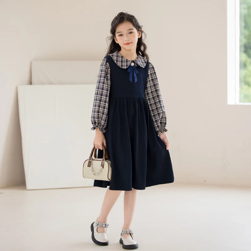 Spring Autumn Junior Girl 2-Piece Sets Teenage Girl Tartan Doll Collar Shirt+Small-waisted Suspender Skirt Girls Set 4-15Yrs