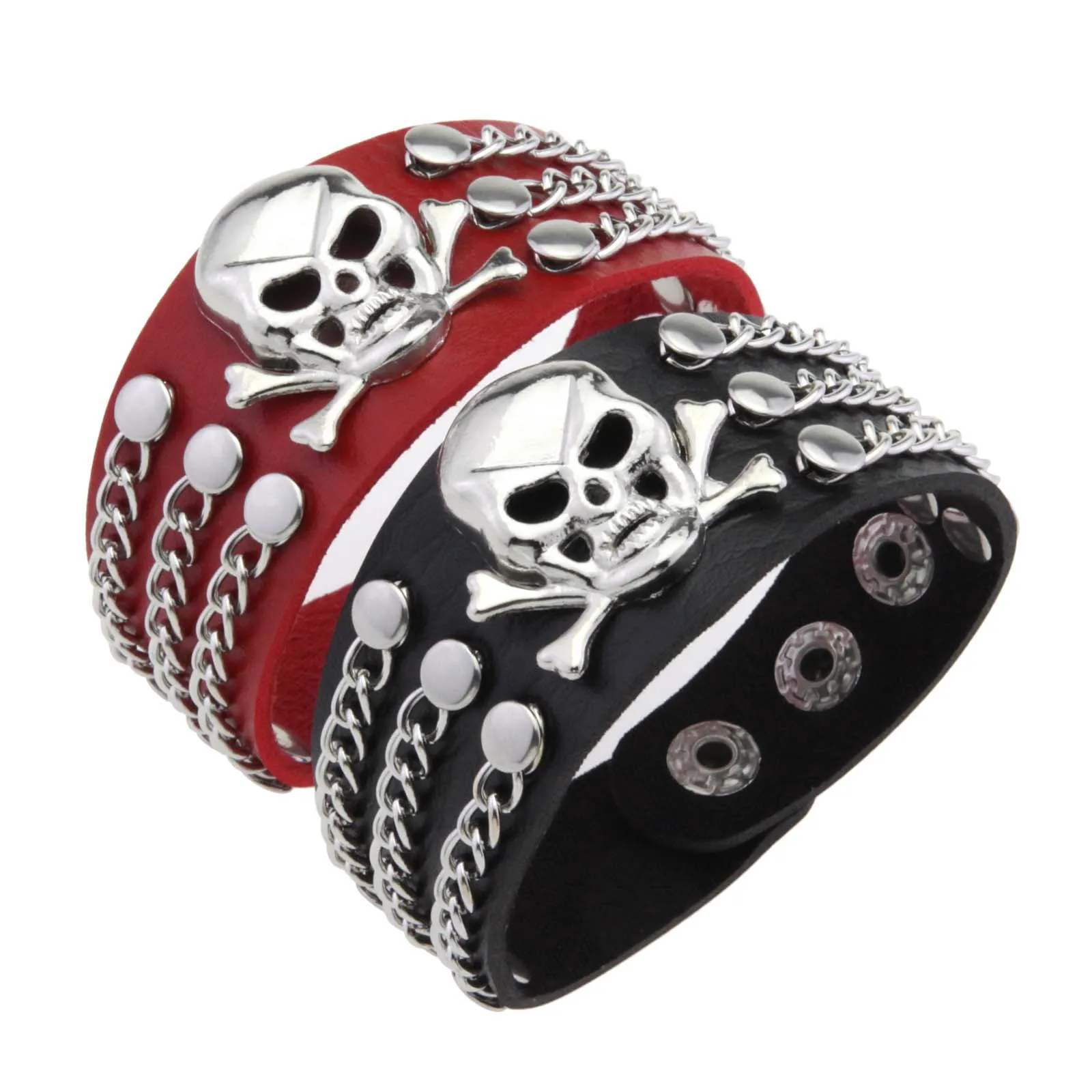 2025 Skull Punk Gothic Bracelet Chains Metal Stud Spikes Rivet Pu Leather Wristband Bangle Wide Cuff Bracelet Women Men Jewelry