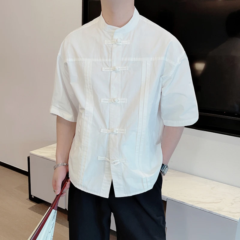 

Chinese Style Shirt for Men Black White Short Sleeve Casual Shirts Summer Oversized Round Necked Street Wear Harajuku Shirt