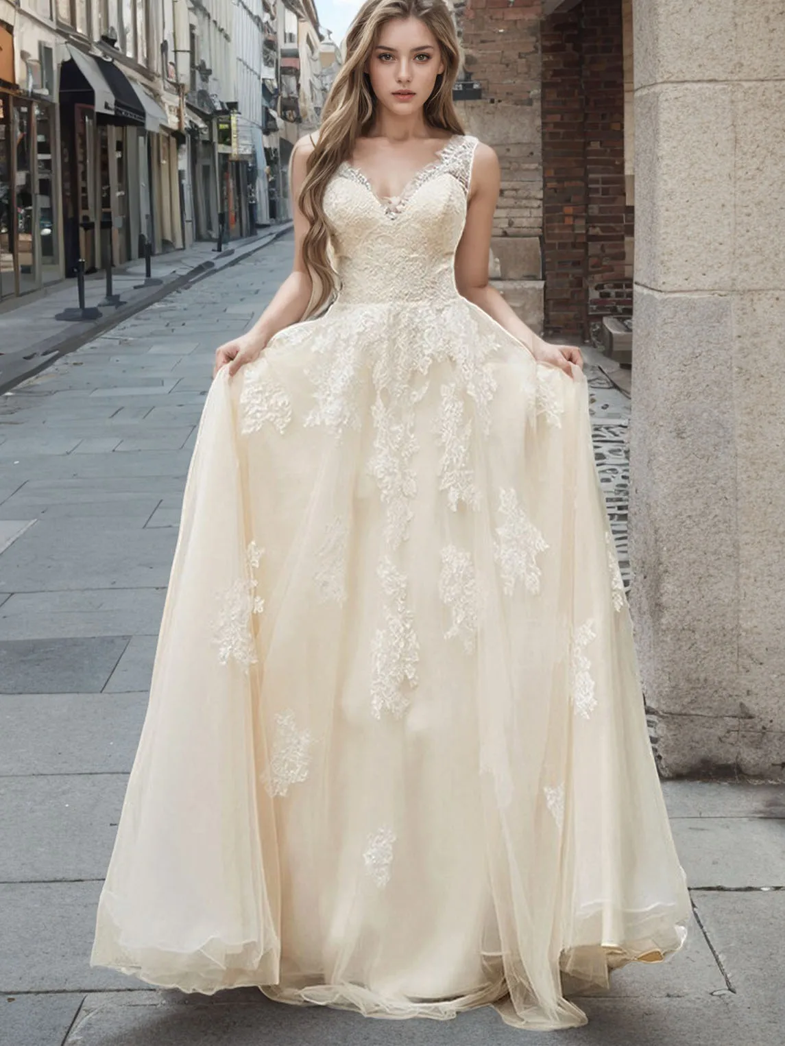 

Elegant Sweet A-Line Wedding Dress V Neck Sleeveless Satin Lace Appliques Sweep Train Formal Wedding Dresse 2025 Free Customized