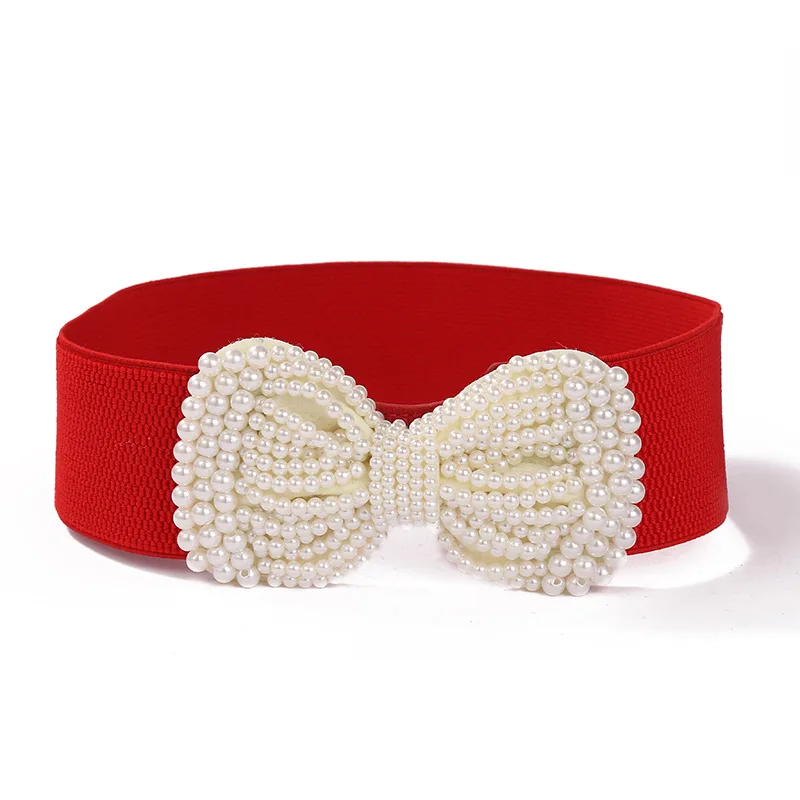 Elegant Pearl Bow Wide Waist Cincher, Elastic Design, Perfect for Dresses, Ideal for Weddings & Parties