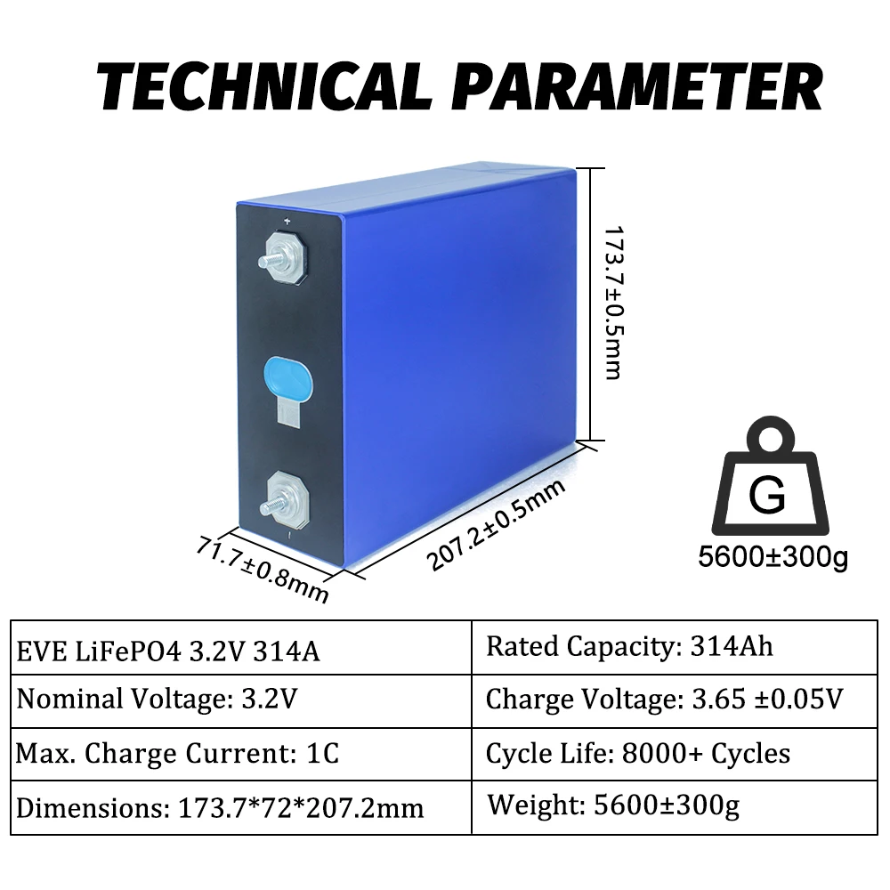 MB31 Lifepo4 Battery 3.2V EVE 314Ah DIY 12V 24V 48V Grade A Deep Cycle 8000+ Lithium Iron Phosphate Cell Rechargeable for RV EV