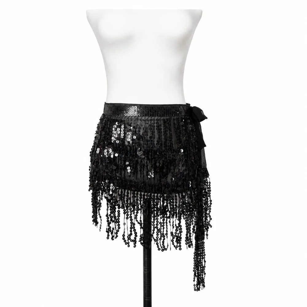 Sparkly Women's Sequin Tassel Skirt Three Layer Fringe Trim Bikini Cover Up Skirt Adjustable Tie Waist Glitter Skirt