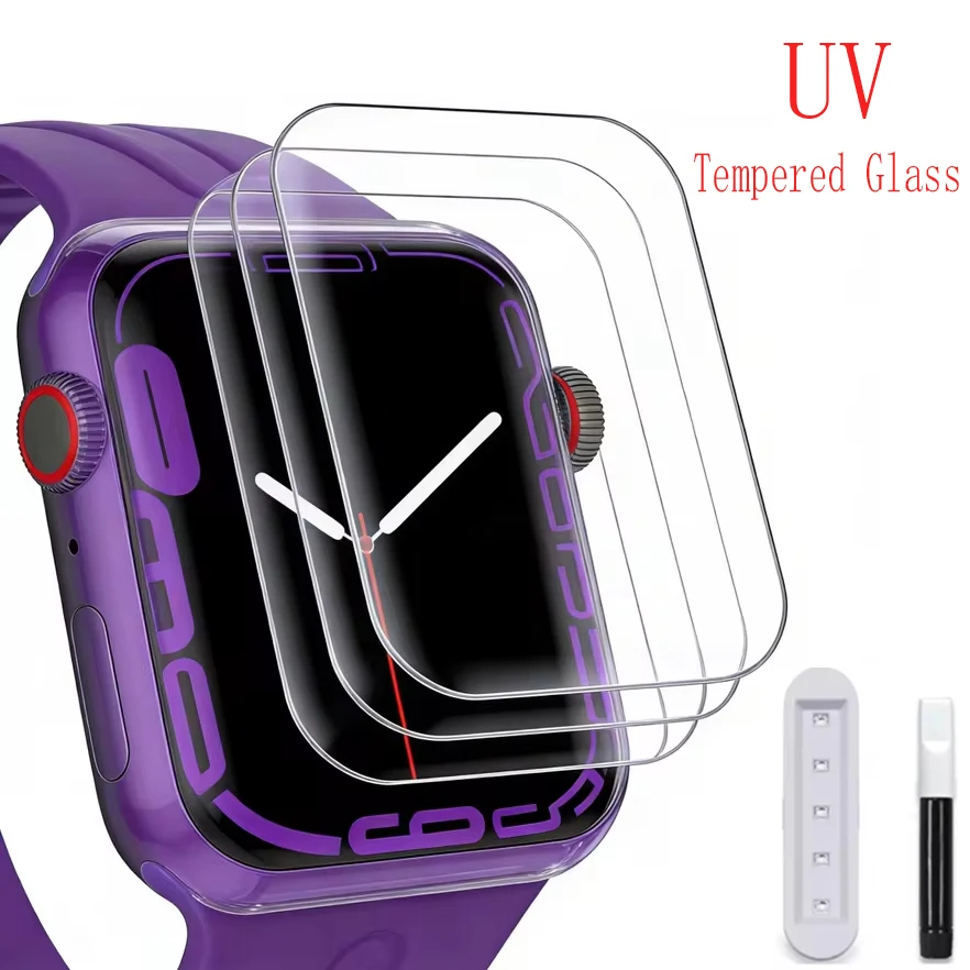 Película de Vidrio Templado con Pegamento Líquido UV para Apple Watch 10 9 8 46MM 44MM 45MM, Protector de Pantalla para iWatch Series S10 42 44 45 46 40 41 MM