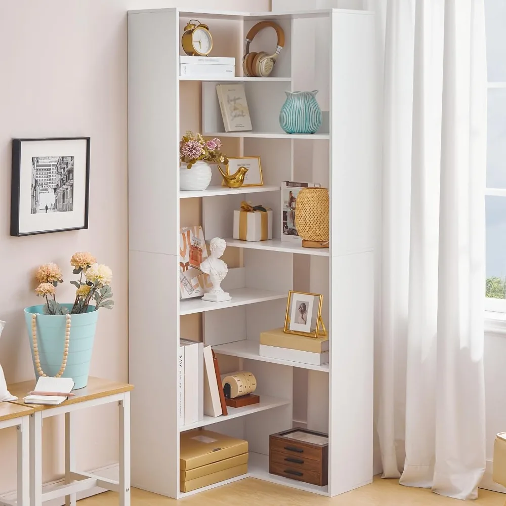 رف كتب زاوية، خزانة كتب على شكل حرف L بطول 65 بوصة مع حواجز، رف زاوية خشبي، رف عرض تخزين حديث للكتب