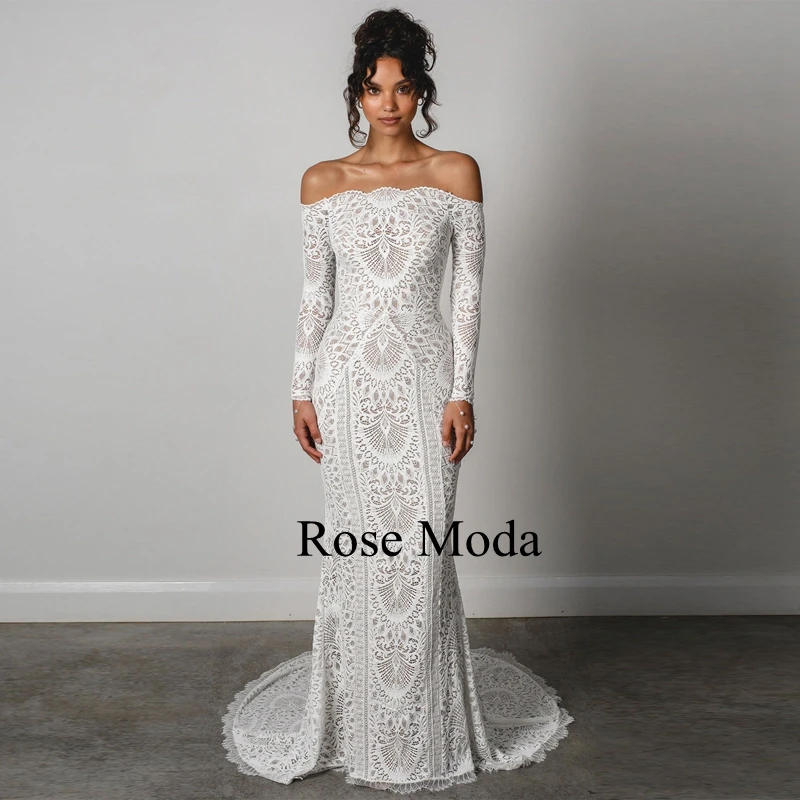 Rose Moda Off the Shoulder Long Sleeves Lace Wedding Dresses Boho Destination Bridal Gown Custom Make