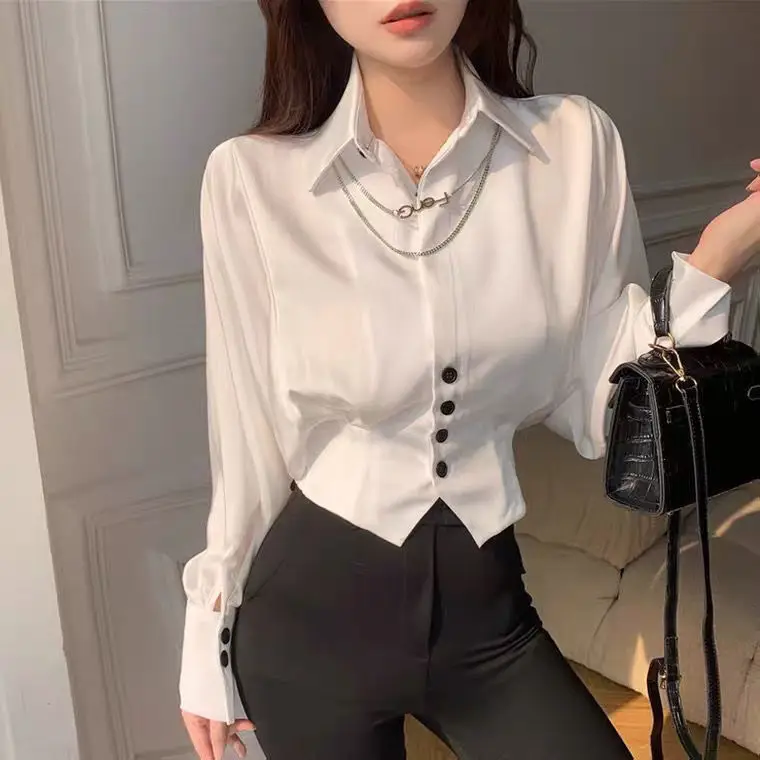 Vintage Elegant Button Solid Chiffon Shirt Spring Autumn 2024 New Polo-Neck Long Batwing Puff Sleeve Slim Blouse Women\'s Clothes