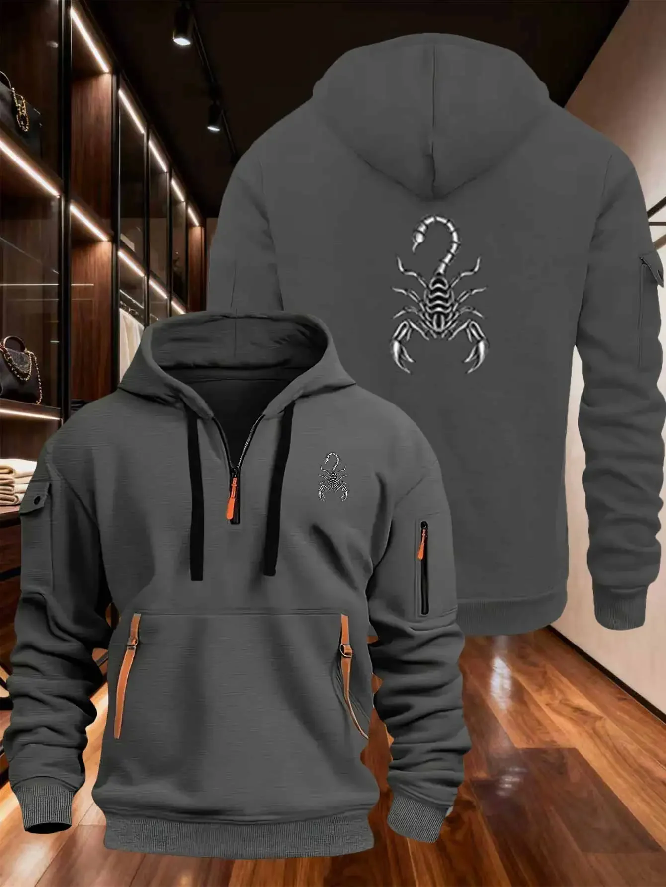 Multi pocket zipper long sleeved men's and women's spring and autumn hoodie, with scorpion pattern printed warm fabric