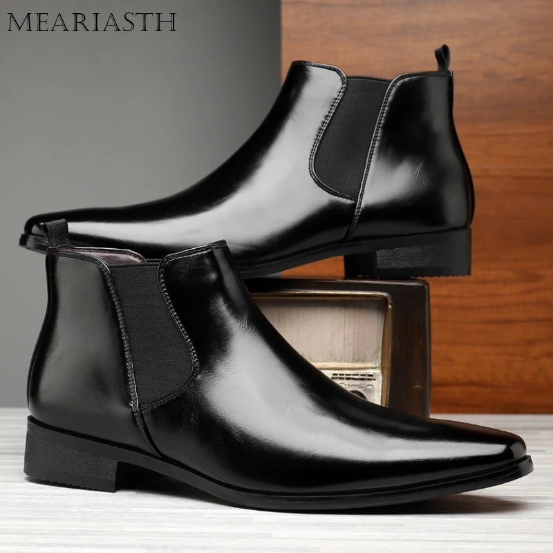 Fashion Men's Chelsea Boots Handmade Leather Shoes 2023 Autumn Winter Square Head PU Ankle Boots Business Casual Men Short Boots