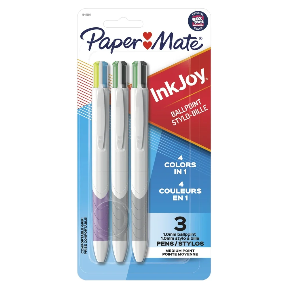Retractable Ballpoint Pens Set 3 Count 4 Ink Colors Medium Point 1.0mm Effortless Writing Lanyard Hole Modern Design