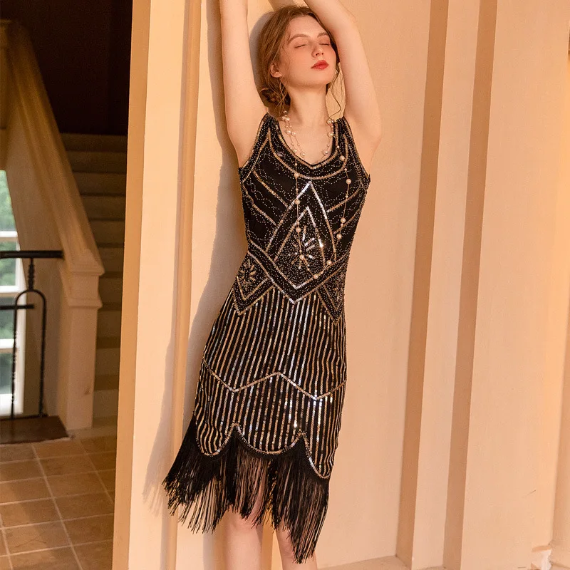 여성 파티 드레스 스팽글 페르시 태슬 트림 민소매 슬림 피팅 태슬 볼룸 드레스 레트로 태슬 중요한 행사