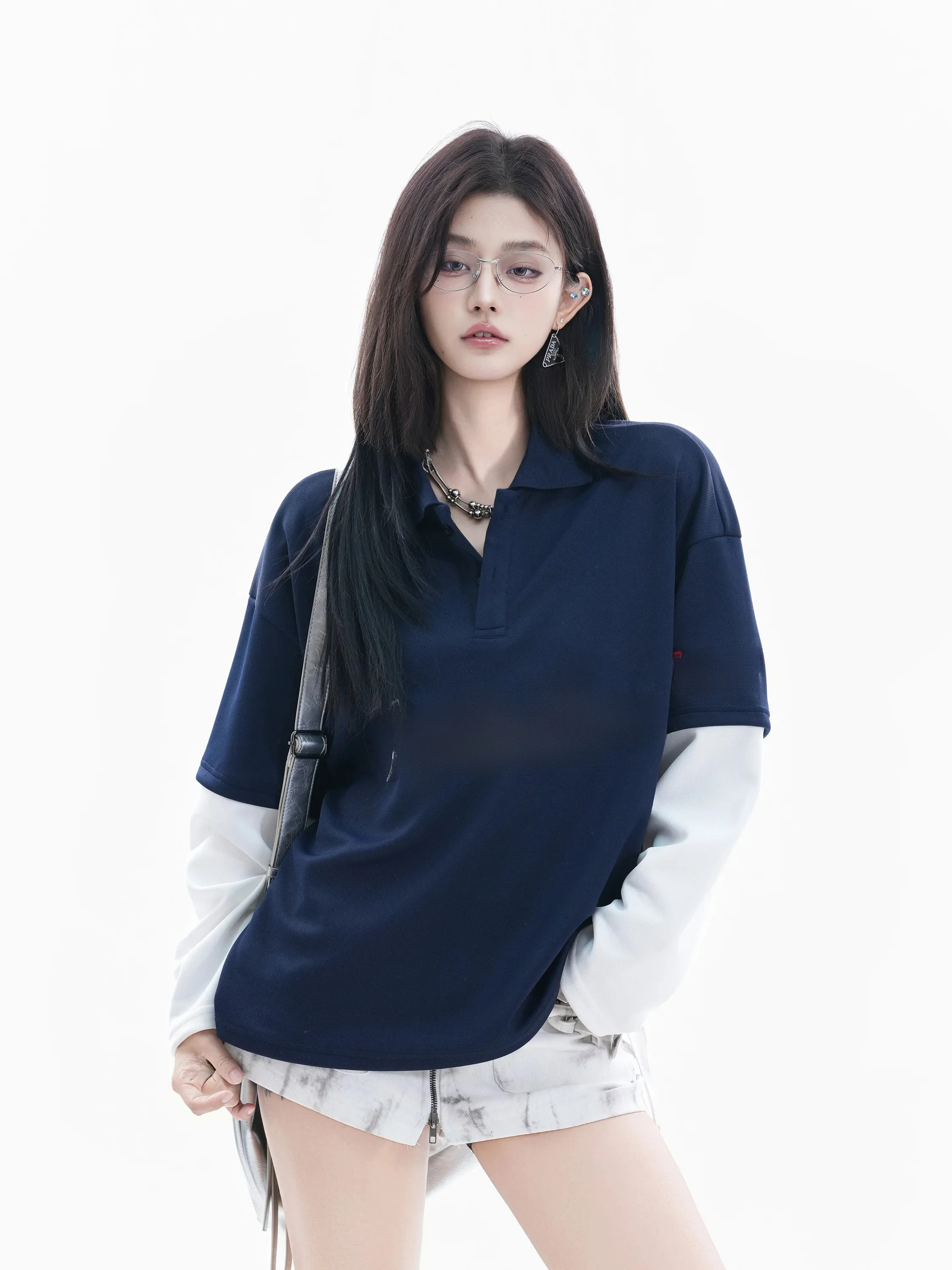 

Retro American Style Long Sleeve Women's Loose Color Block Letter Print Couple T-shirts Polyester Casual Fashion