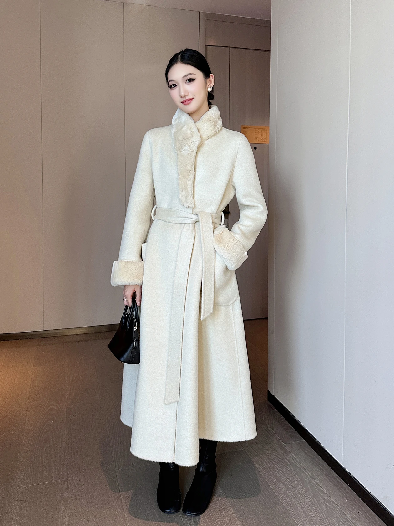 

Двустороннее шерстяное пальто женское модное с воротником из кроличьего меха, длинное, в пол, однотонное, на пуговицах