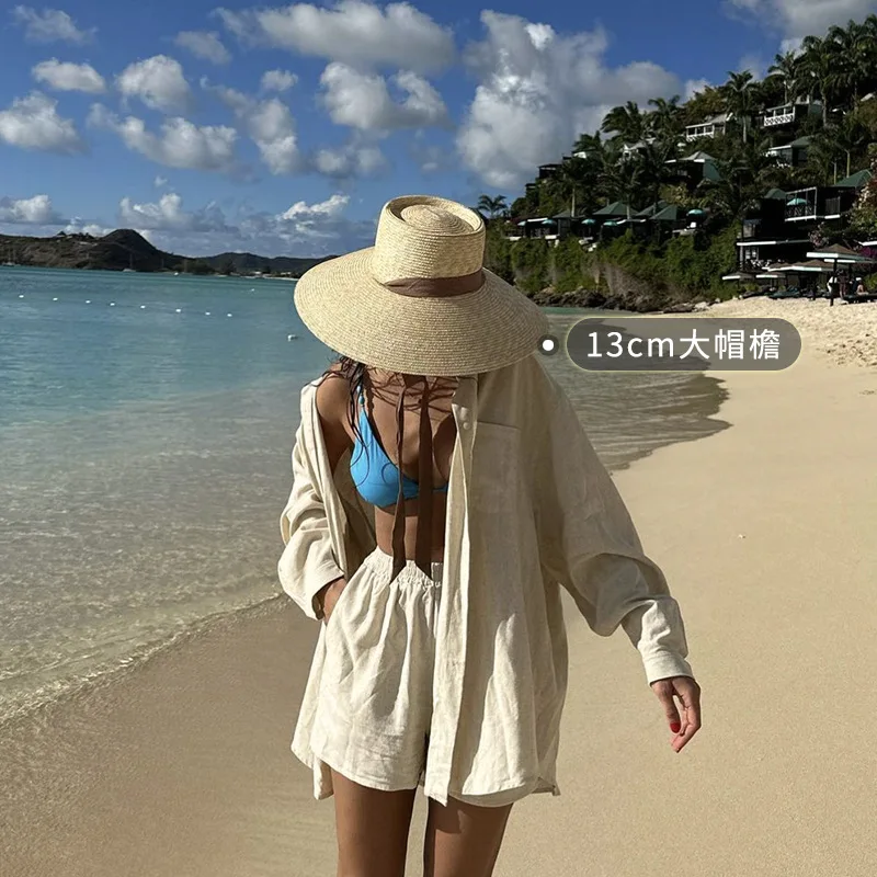 New Trendy Women Wide Brim Straw Hat With Chin Strap Summer Sun Hats UV Sun Protection Beach Straw Caps Wind Lanyard Travel Hats view 2
