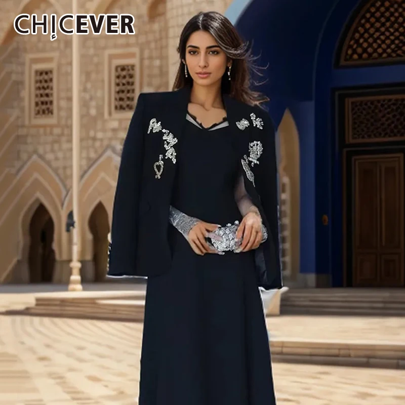 

CHICEVER Black Formal Attire Coats For Women Notched Collar Long Sleeve Spliced Sequin Fashion Blazer Female Spring Clothing New