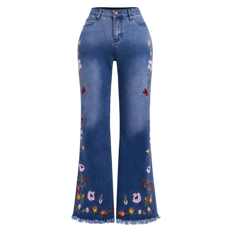 Jean évasé très extensible pour femme – Pantalon en jean à fond cloche avec détails brodés, pantalon confortable à taille élastique