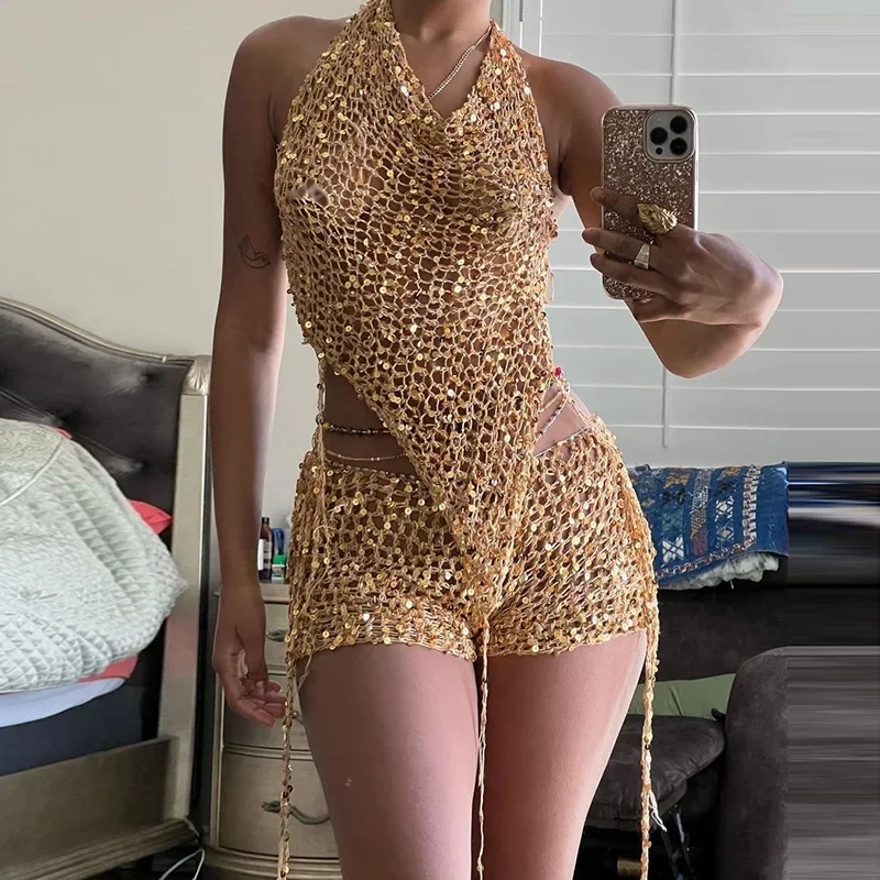 Sexy Hot Women 2 Piece Shiny Sequin Gold Hooded Tops Shorts Sets Hollow out Knitted Top High Waist Slim Shorts Two Piece Outfits