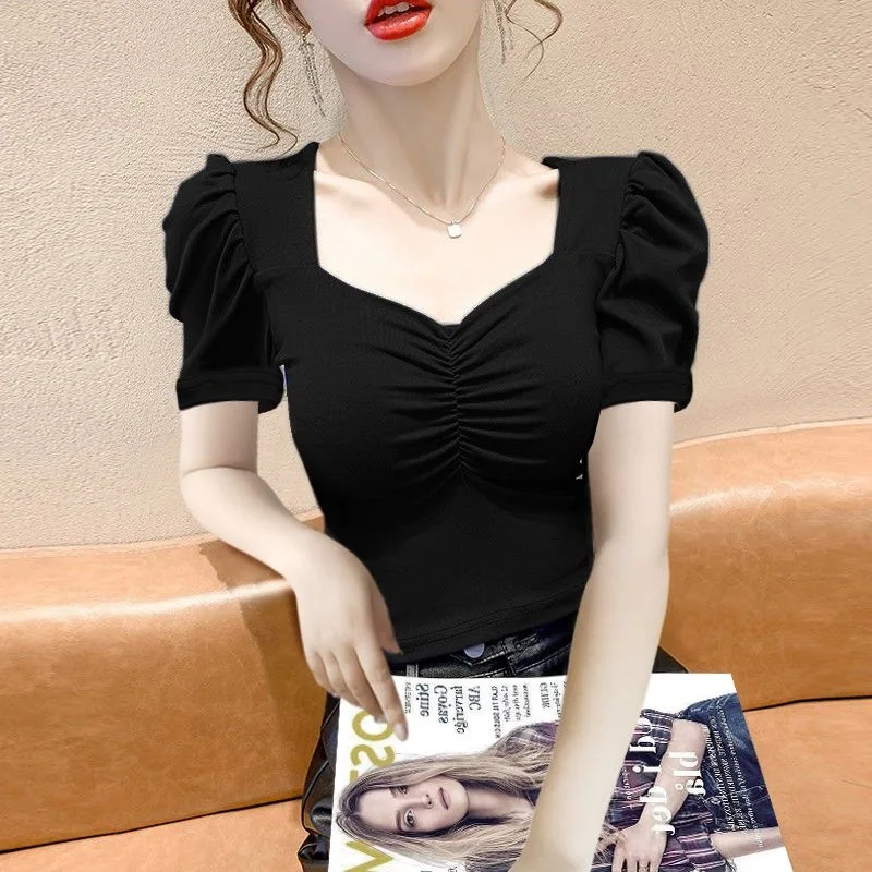 Square collar bubble sleeve top female French chic hot girl short sexy T shirt bottom upper garment long sleeve build summer