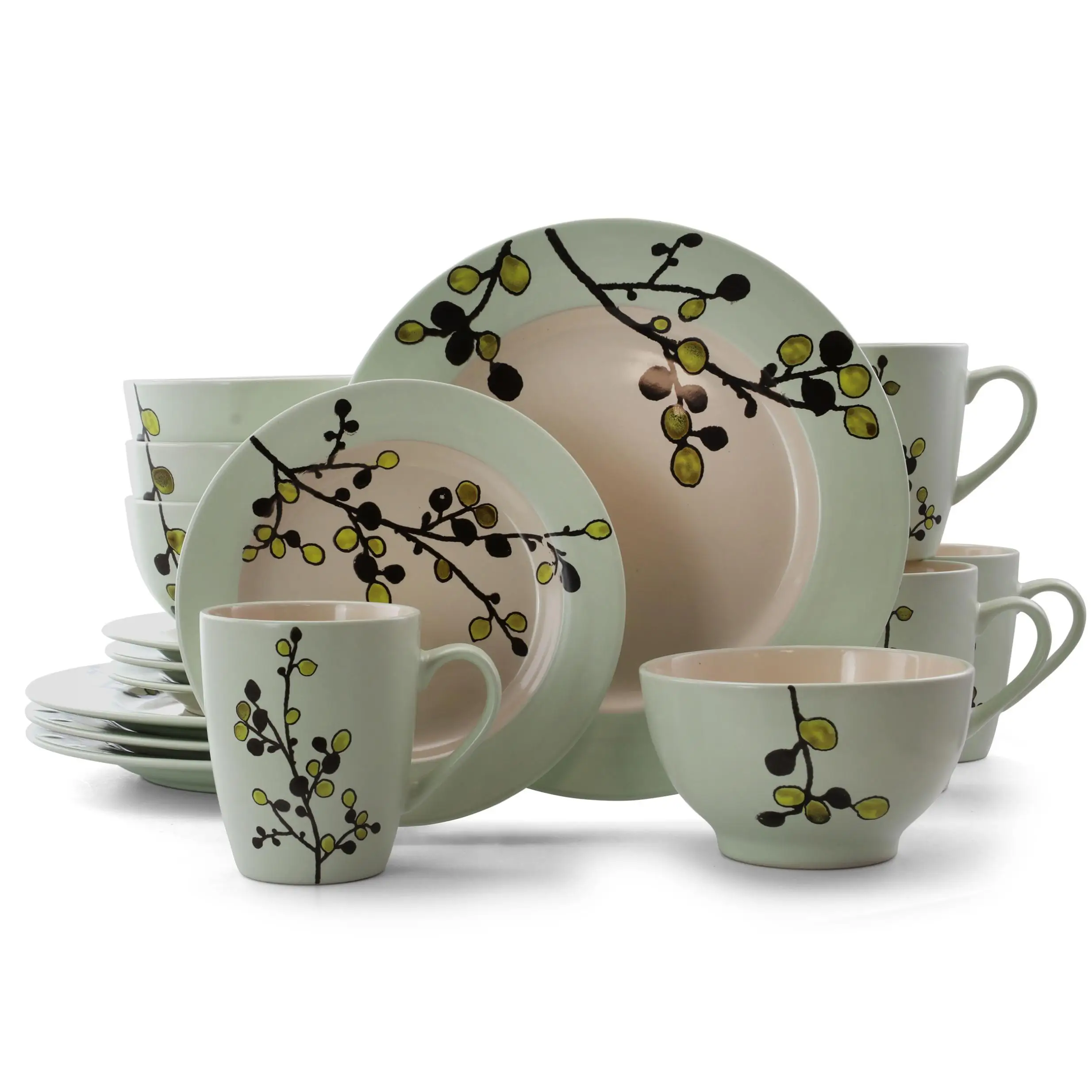 

Green Round Stoneware Dinnerware Set, 16-Piece Retro Design
