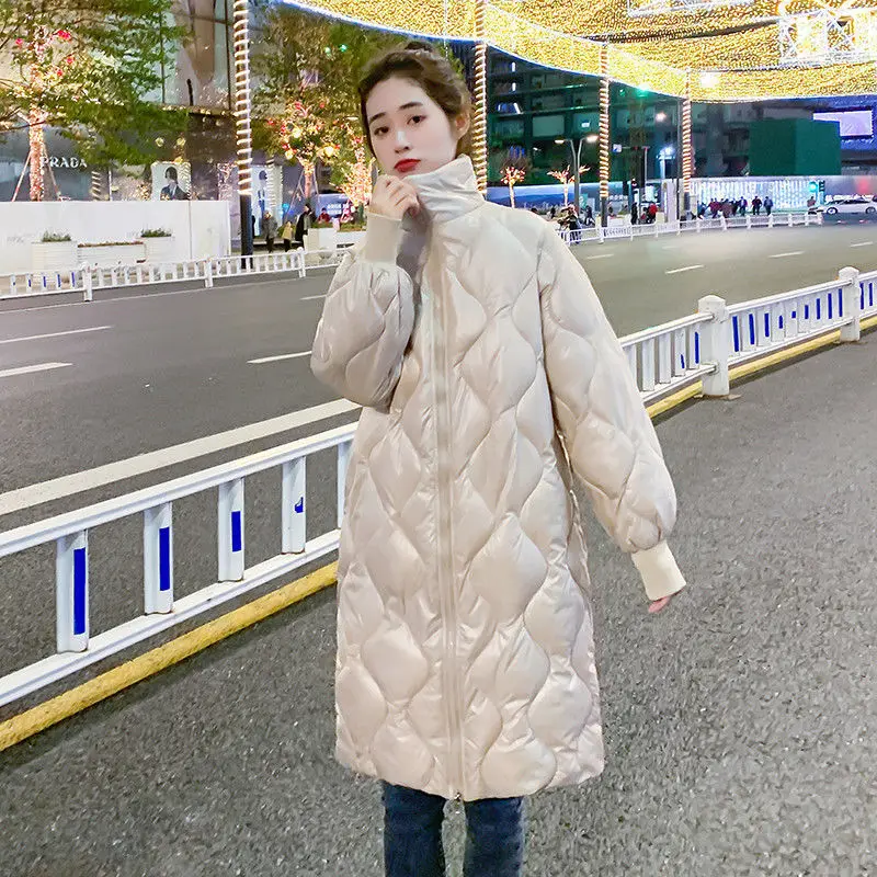 Women's Glossy Longline Puffer Coat With Stand Collar Zip Up Quilted Padded Jacket Thick Winter Loose Outerwear Casual Parkas