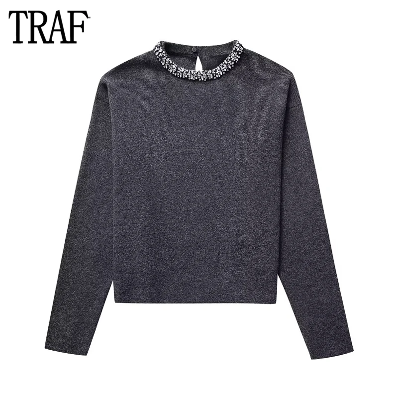 TRAF Rhinestone Knitted Sweater Woman Pullovers Soft Short Sweaters for Women 2024 Long Sleeve Women's Sweater Vintage Knitwears