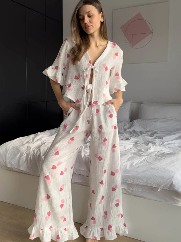 Linad Cotton Women\'s Home Clothes 2 Piece Sets Print Short Sleeve Sleepwear Ruffle Female Trouser Suits Summer Casual Pajamas