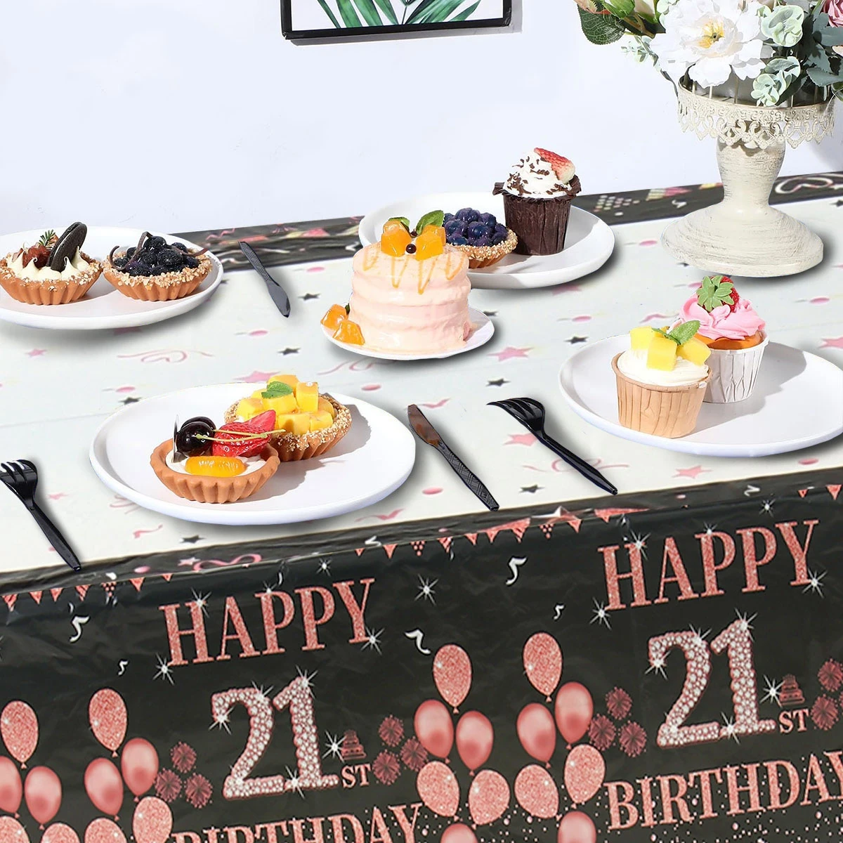 Black And Pink Birthday Tablecloth Happy Birthday Party Decoration 21 30 40 50 60 Years Old Birthday Party Table Decoration