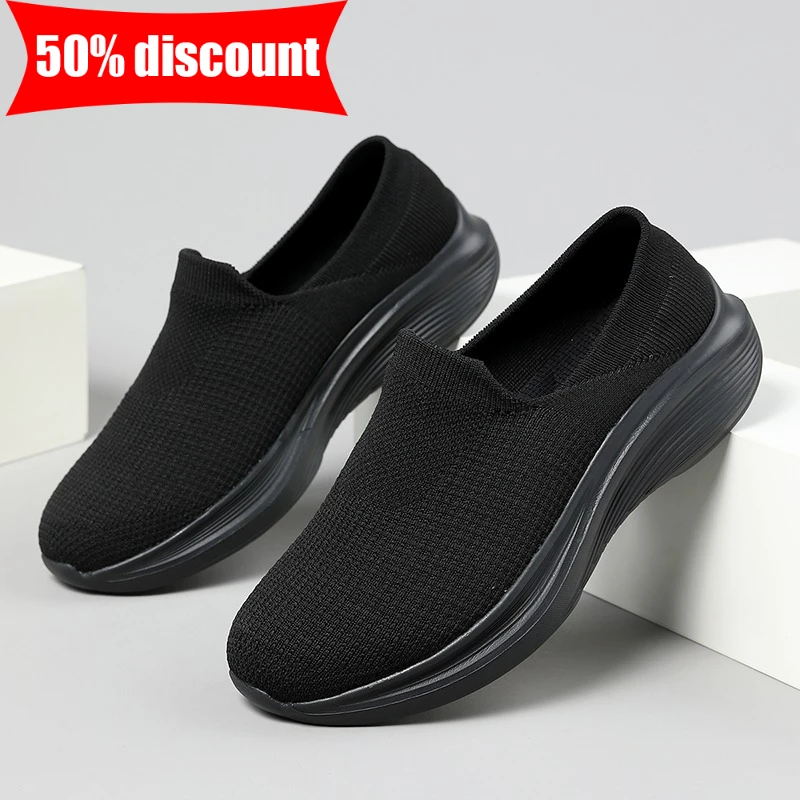 

Mens Sports Shoes Classic Black Breathable Summer Mesh Daily Walking Casual Shoes Elastic Soft Sole Slip-On Fitness Shoes Couple