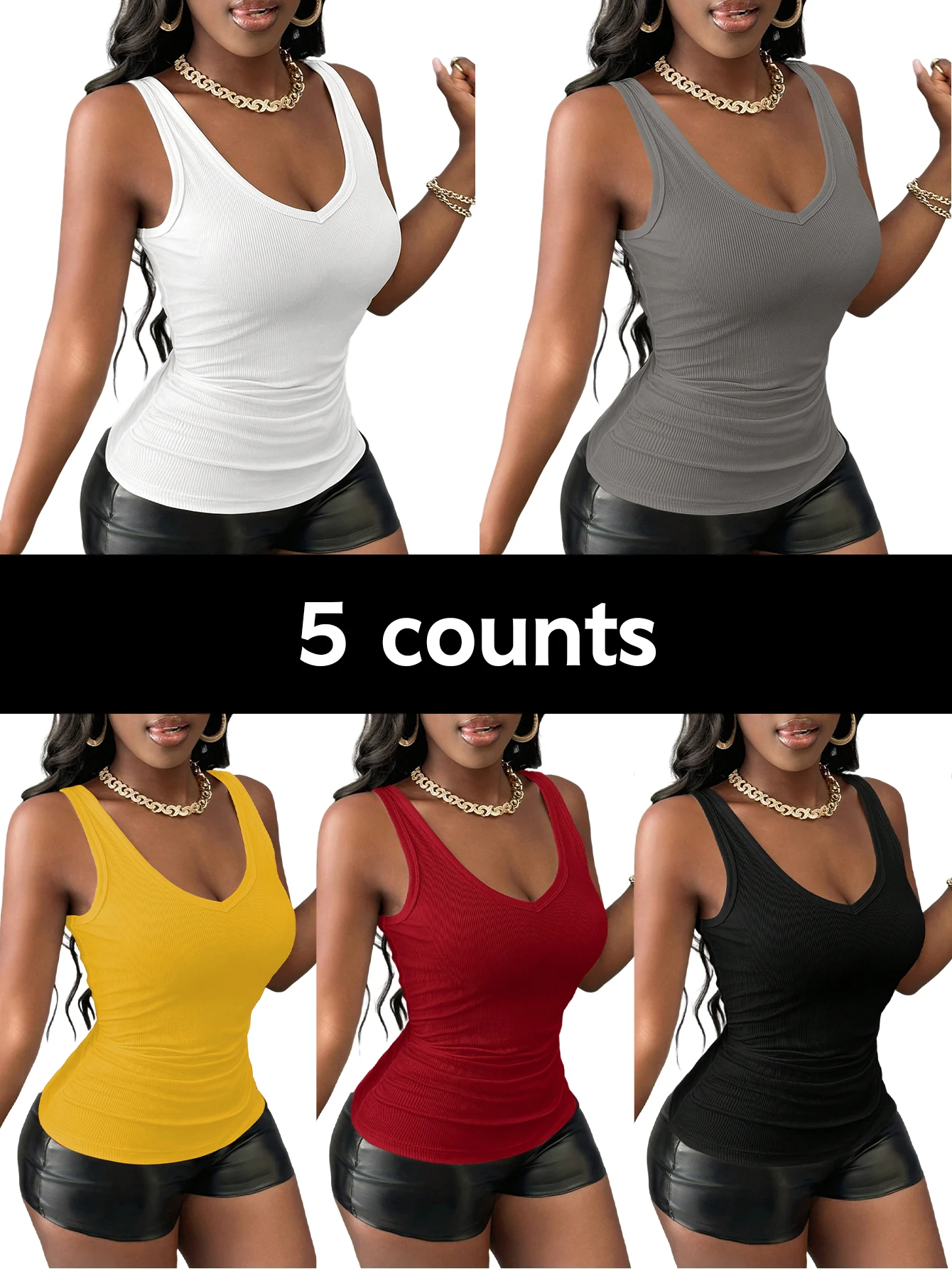 

Five-piece set of pure color V-neck blouses for spring, summer and autumn in Europe and America