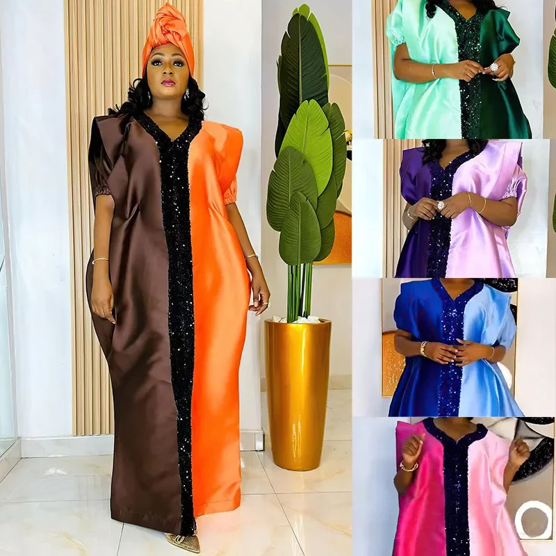 African Dresses for Woman Satin Muslim Dress Scarf Abaya Dubai Turkey Kaftan Marocain Caftan Loose Boubou Robe Ankara Dashiki