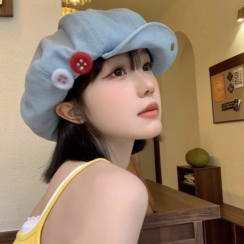 Personalized Felt Button Designer Denim Octagonal Hats Women Spring Summer Korean Versatile Show Face Small Retro Cloud Berets