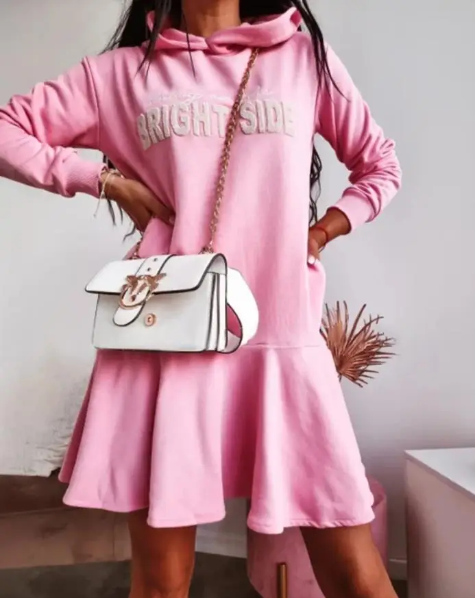 

Sports Hoodie Women's Hoodie Dress Letter Printed Patchwork Loose Pleated Dress Autumn Women's Casual Pocket Hooded Sports Dress