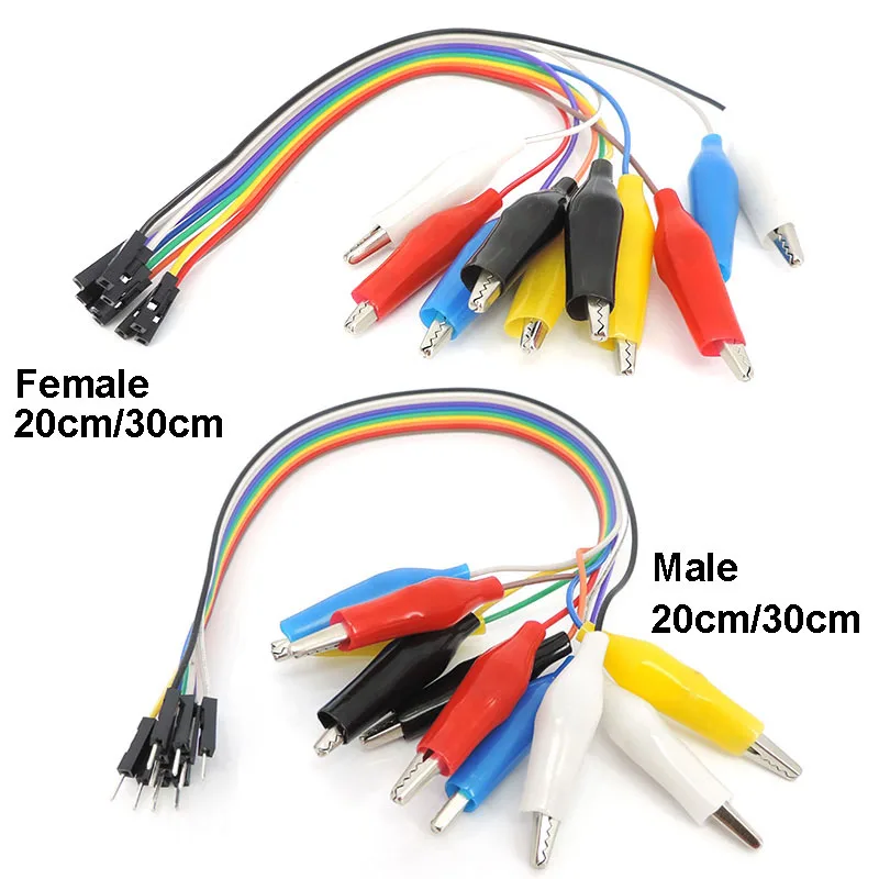 2 in 1 Alligator Clip to jump Wire 10pin 20cm 30cm Male  Female, Crocodile Clip DIY connector Cable Connection for Test Lead q10