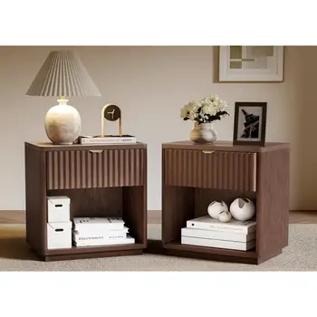 Juego de 2 mesitas de noche, mesita de noche con cajones, mesita de noche, mesa auxiliar, mesita de noche moderna acanalada, mesa auxiliar para dormitorio, sala de estar 10 best sales Juego de 2 mesitas de noche - №1