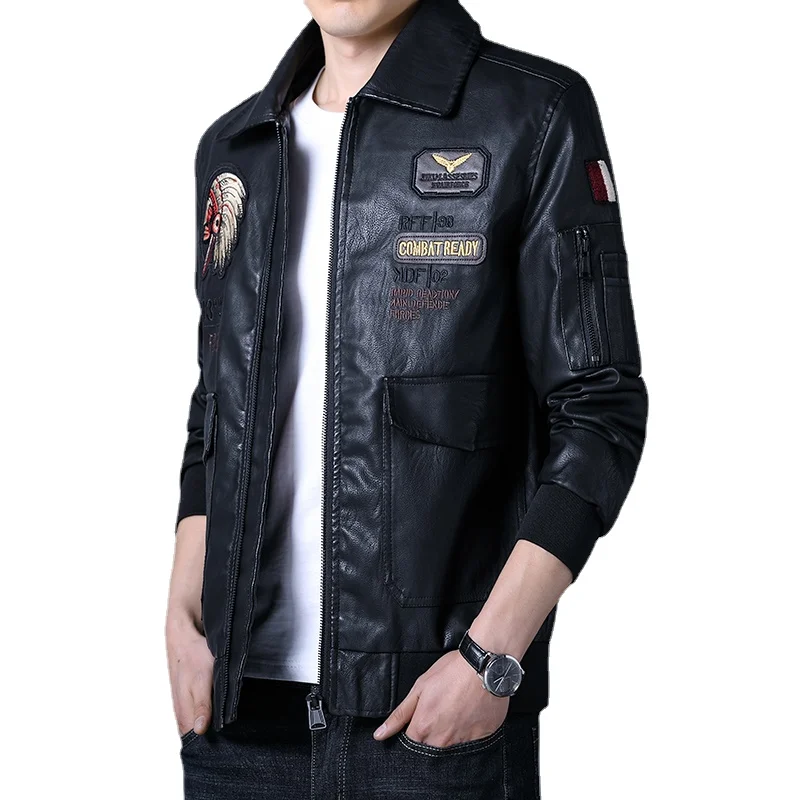 New Men Autumn Retro Leather Jackets Embroidery Outwear Casual Motorcycle Pu Jacket Biker Leather Windbreaker Multi-Pockets 4XL